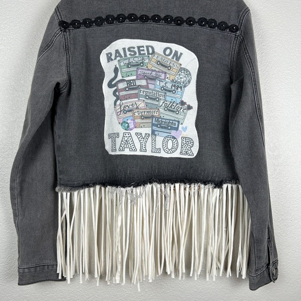Upcycled OOAK Denim Jacket Sz 12 Distressed “Raised On Taylor” Cropped Swift
